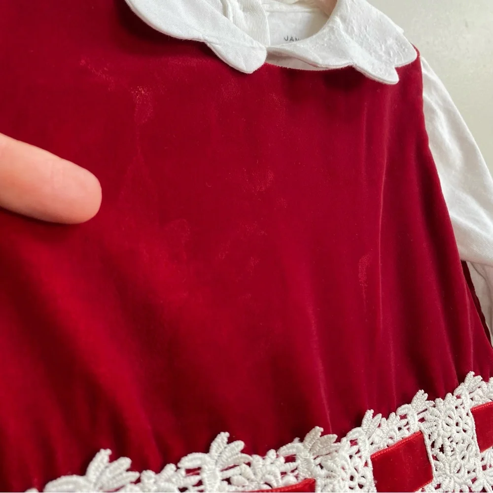 Janie And Jack Red Velvet Holiday Dress With Scallop Collar Top Size 3
